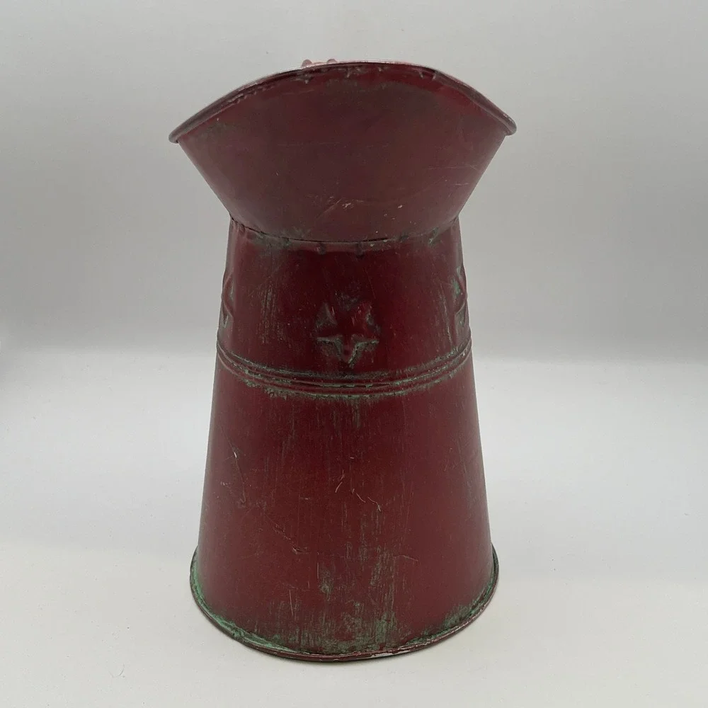 Rustic Red Metal Pitcher Vase Distressed Farmhouse Star Embossed Decor GM8789